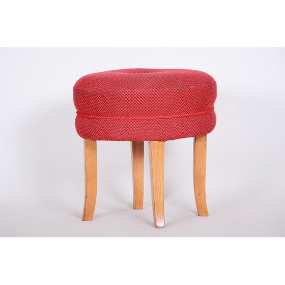 Image 1 of Tabouret du milieu du siècle en bois de hêtre et tissu rouge, années 50