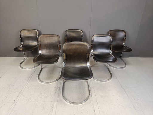 Ensemble de 6 chaises de salle à manger italiennes à piétement luge par Cidue, 1970S