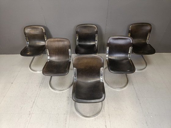 Image 1 of Ensemble de 6 chaises de salle à manger italiennes à piétement luge par Cidue, 1970S