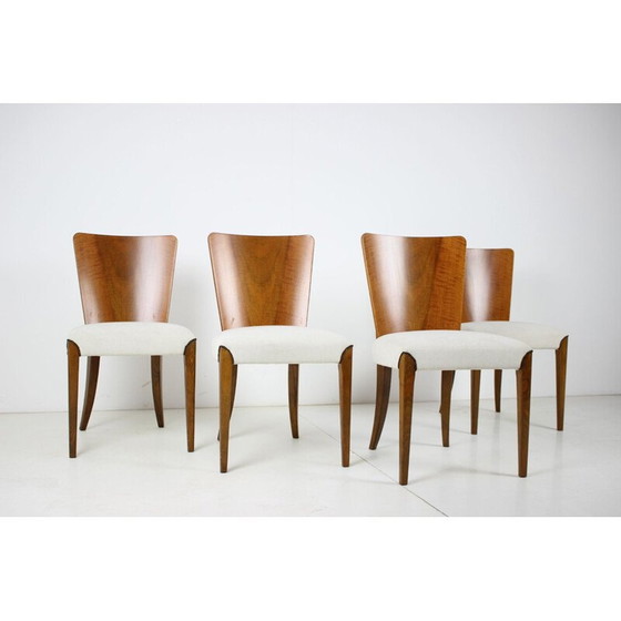 Image 1 of Ensemble de 4 chaises de salle à manger vintage en bois et tissu modèle H-214 par Jindřich Halabala, années 1950