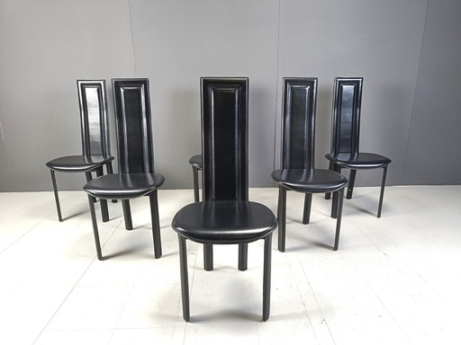 Ensemble de 6 chaises de salle à manger italiennes en cuir à haut dossier, 1980S