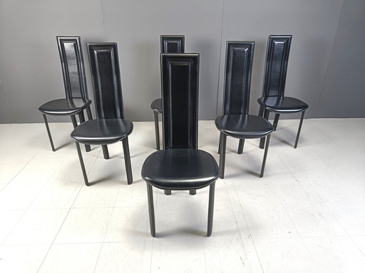 Ensemble de 6 chaises de salle à manger italiennes en cuir à haut dossier, 1980S