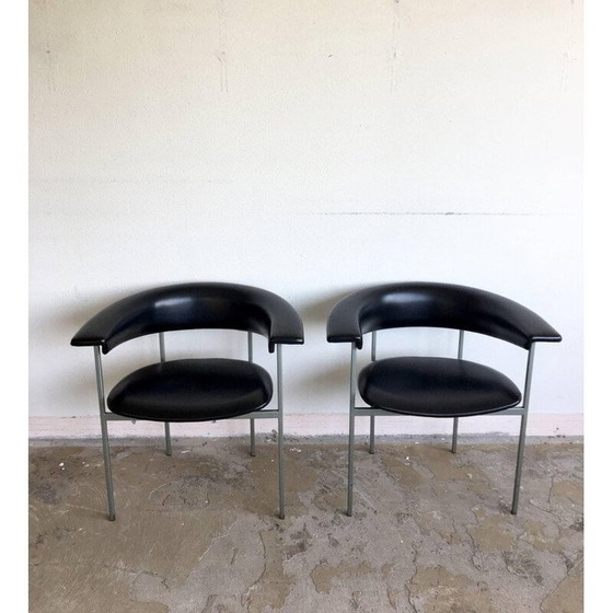 Image 1 of Paire de fauteuils vintage "Gamma" en métal gris et cuir noir par Rudolf Wolf, 1960