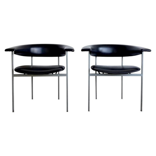Paire de fauteuils vintage "Gamma" en métal gris et cuir noir par Rudolf Wolf, 1960