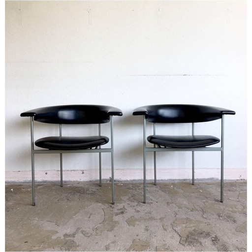 Paire de fauteuils vintage "Gamma" en métal gris et cuir noir par Rudolf Wolf, 1960
