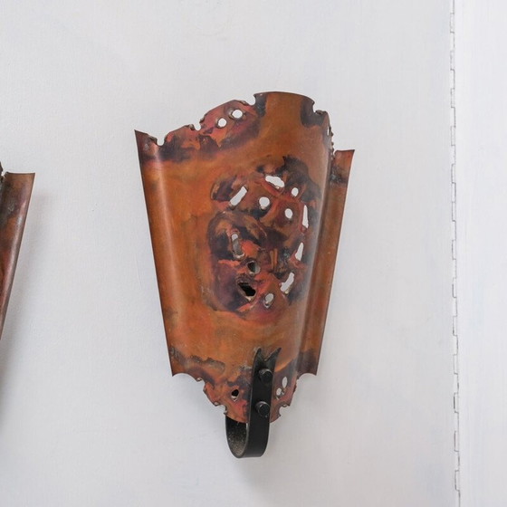 Image 1 of Ensemble de 3 lampes murales en cuivre brutaliste du milieu du siècle, Hollande, années 1970.
