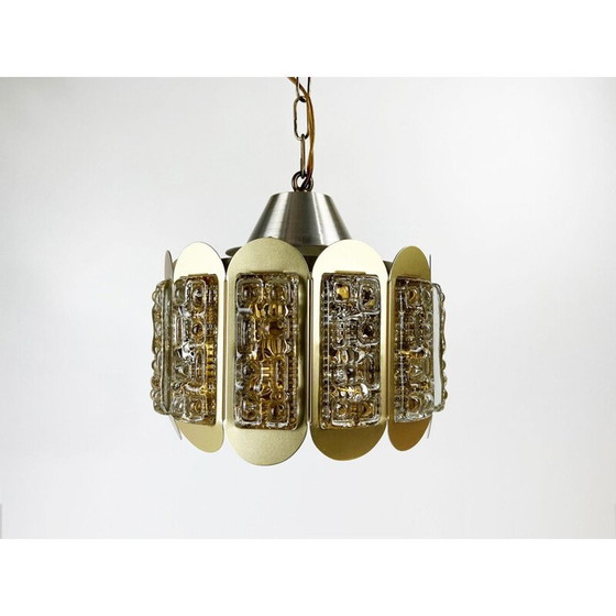 Image 1 of Suspension vintage en laiton et verre texturé par Vitrika, Danemark 1960