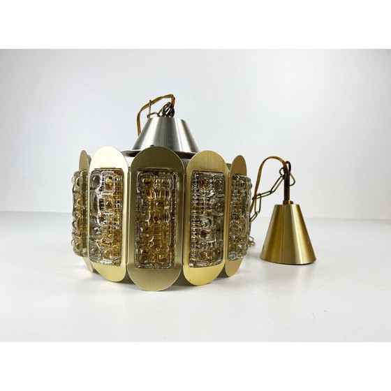 Image 1 of Suspension vintage en laiton et verre texturé par Vitrika, Danemark 1960