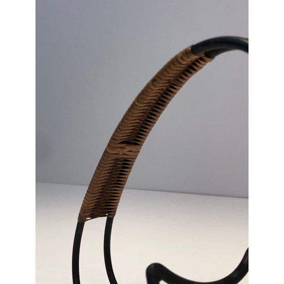 Image 1 of Porte-bouteille scandinave vintage en métal laqué noir et rotin, 1950