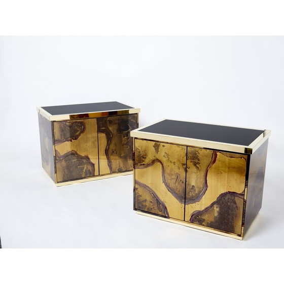 Image 1 of Paire de meubles de rangement vintage en laiton oxydé par Isabelle et Richard Faure, 1970