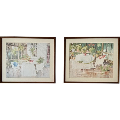 Paire d'estampes de jardin d'hiver vintage de Richard Akerman