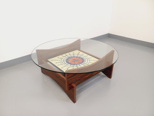 Table Basse Ronde 2 Plateaux Vintage des Années 60 70 en Verre, Palissandre et Céramique de Vallauris