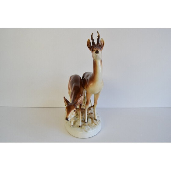 Image 1 of Sculpture vintage en porcelaine représentant un cerf et une biche de Royal Dux, Tchécoslovaquie 1950