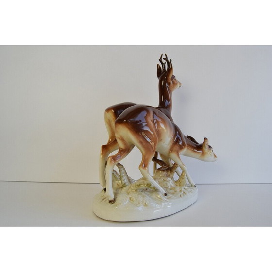 Image 1 of Sculpture vintage en porcelaine représentant un cerf et une biche de Royal Dux, Tchécoslovaquie 1950
