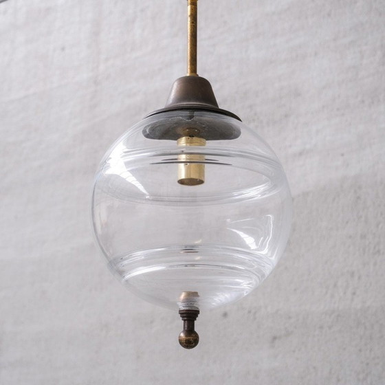 Image 1 of Lampe suspendue vintage en verre transparent et laiton, Pays-Bas 1950
