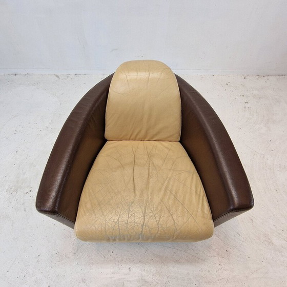 Image 1 of Paire de fauteuils vintage en bois massif et cuir beige pour Calia, Italie 1980