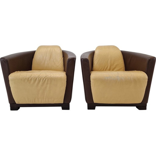 Paire de fauteuils vintage en bois massif et cuir beige pour Calia, Italie 1980