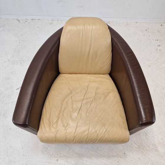 Image 1 of Paire de fauteuils vintage en bois massif et cuir beige pour Calia, Italie 1980