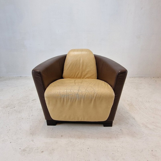 Image 1 of Paire de fauteuils vintage en bois massif et cuir beige pour Calia, Italie 1980