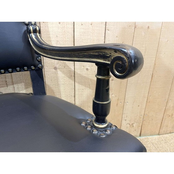 Image 1 of Fauteuil vintage en bois ébonisé et cuir noir, Angleterre 1950