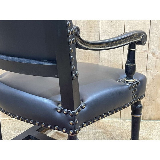 Image 1 of Fauteuil vintage en bois ébonisé et cuir noir, Angleterre 1950