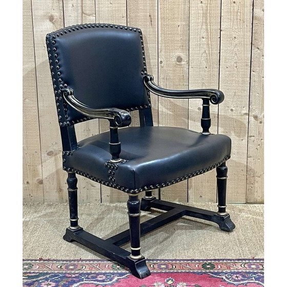 Image 1 of Fauteuil vintage en bois ébonisé et cuir noir, Angleterre 1950