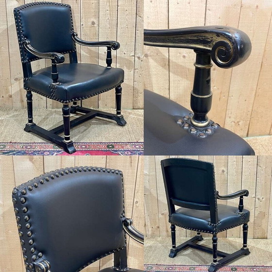Image 1 of Fauteuil vintage en bois ébonisé et cuir noir, Angleterre 1950