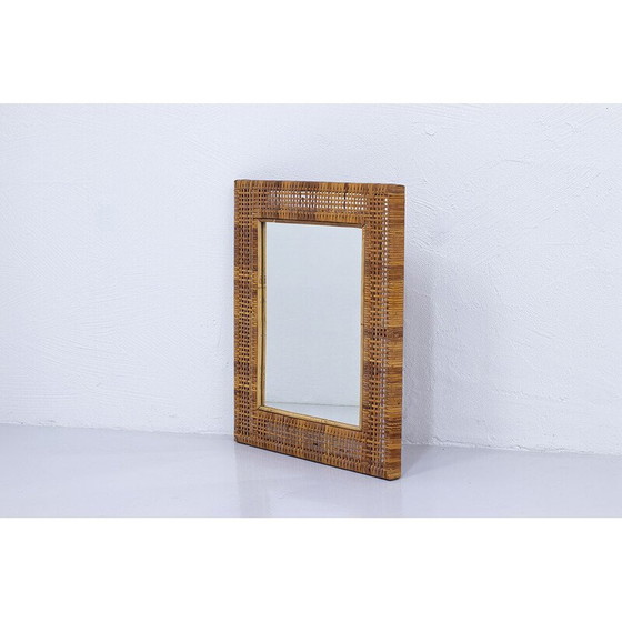 Image 1 of Miroir vintage en teck massif et rotin, Suède 1950
