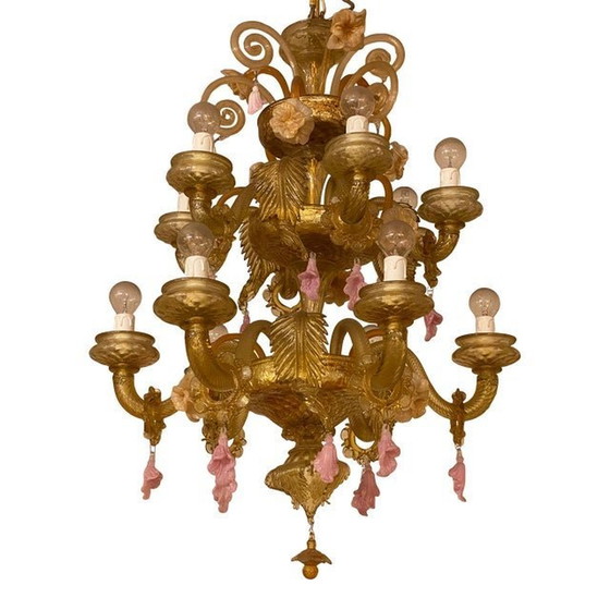 Image 1 of 1970S Lustre en verre de Murano Multicolore avec fleurs