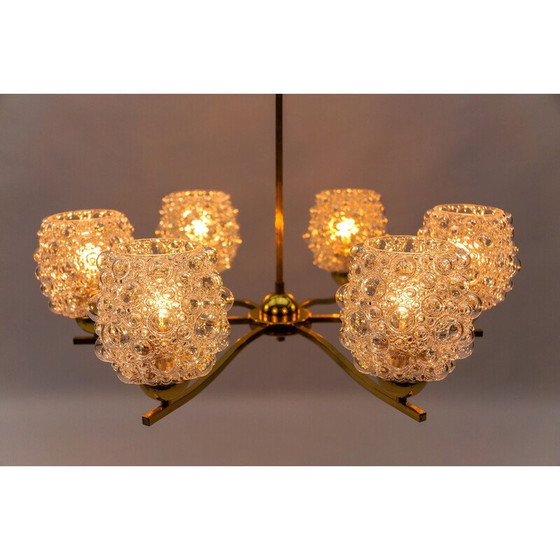 Image 1 of Lustre vintage en verre et laiton par Helena Tynell pour Limburg, Allemagne 1960
