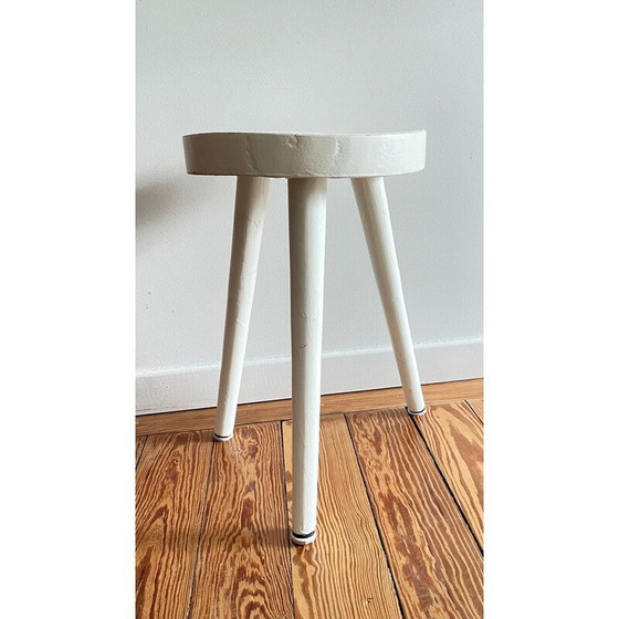 Image 1 of Tabouret tripode vintage en bois laqué blanc