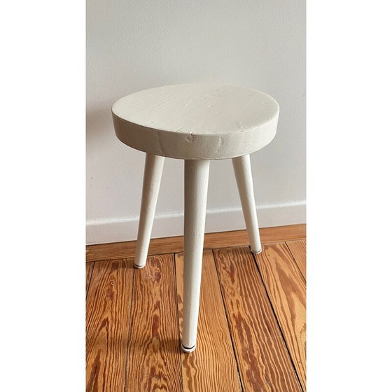 Image 1 of Tabouret tripode vintage en bois laqué blanc