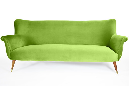 Spectaculaire canapé trois places en velours, années 60, pistache, entièrement restauré