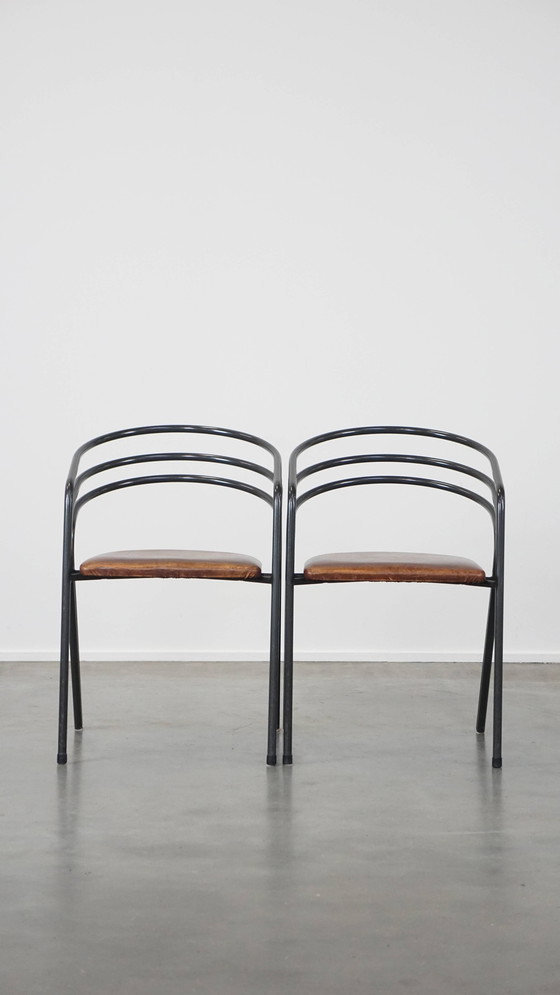 Image 1 of 4 X Chaise de salle à manger design avec assise en cuir et structure en métal