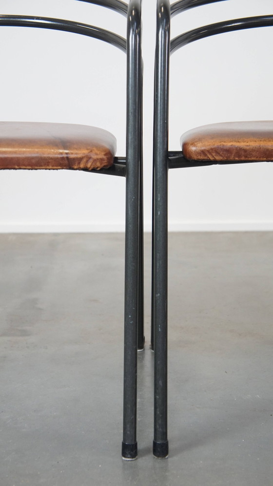 Image 1 of 4 X Chaise de salle à manger design avec assise en cuir et structure en métal