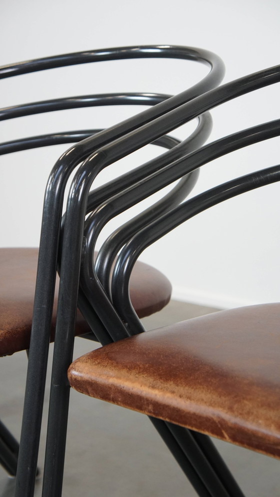 Image 1 of 4 X Chaise de salle à manger design avec assise en cuir et structure en métal