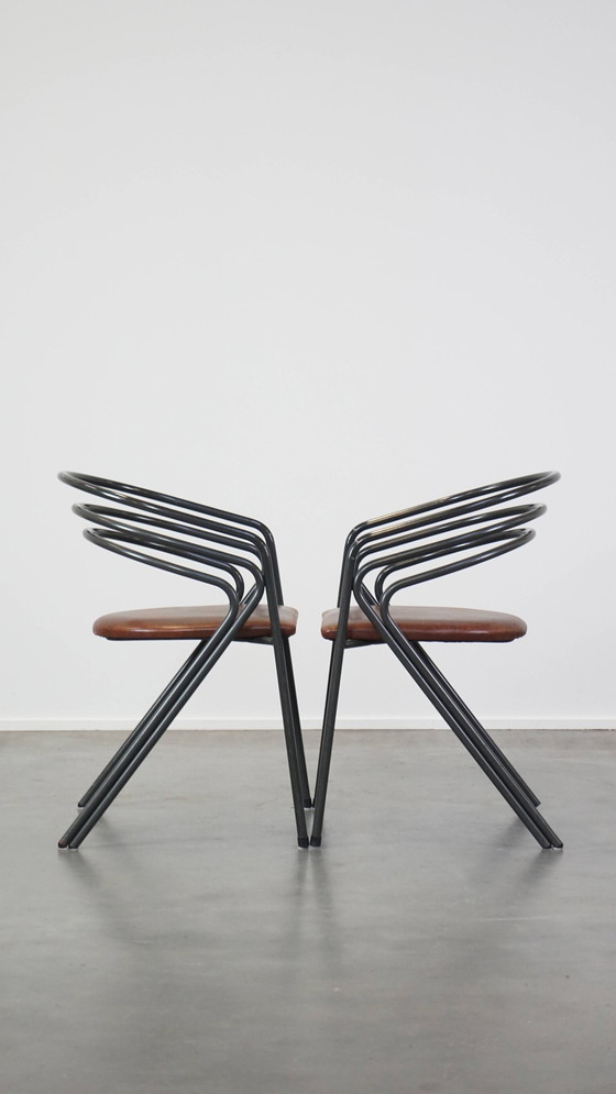 Image 1 of 4 X Chaise de salle à manger design avec assise en cuir et structure en métal