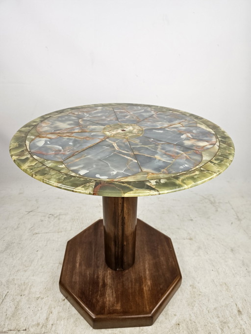 Table d'appoint italienne ronde en marqueterie d'onyx