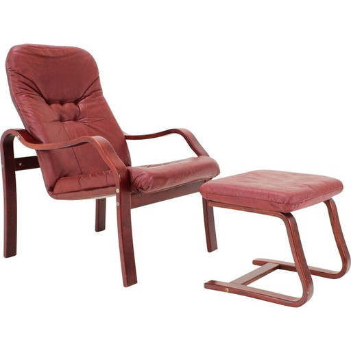 Fauteuil vintage en cuir avec repose-pieds par Ton, Tchécoslovaquie 1980