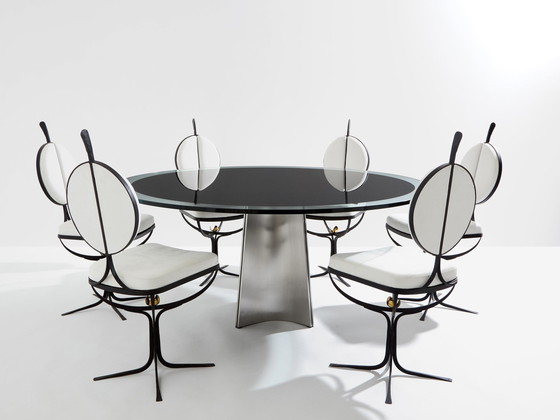 Image 1 of Luigi Saccardo for Arrmet Brushed Steel Black Glass Dining Table 1970
