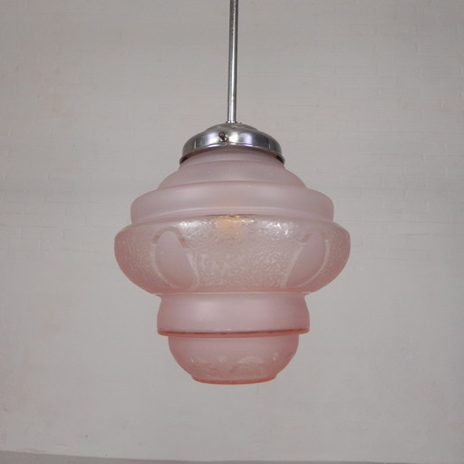 Lampe suspendue Art Déco avec abat-jour en verre rose, années 1930