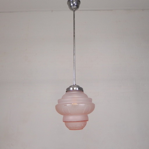 Lampe suspendue Art Déco avec abat-jour en verre rose, années 1930