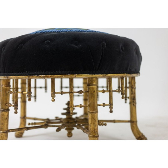 Image 1 of Pouf vintage en bois doré et tissu velours, France 1880