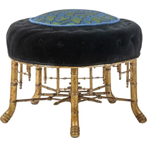 Pouf vintage en bois doré et tissu velours, France 1880