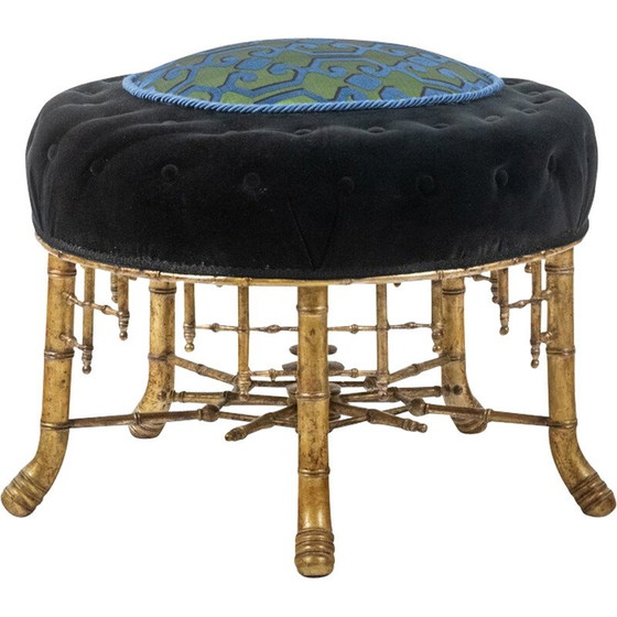 Image 1 of Pouf vintage en bois doré et tissu velours, France 1880