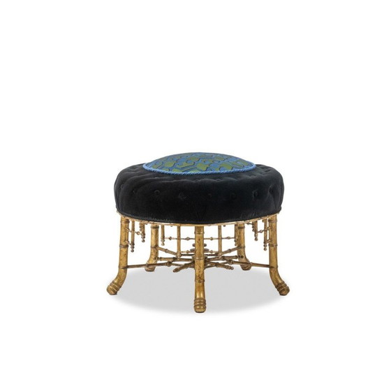 Image 1 of Pouf vintage en bois doré et tissu velours, France 1880
