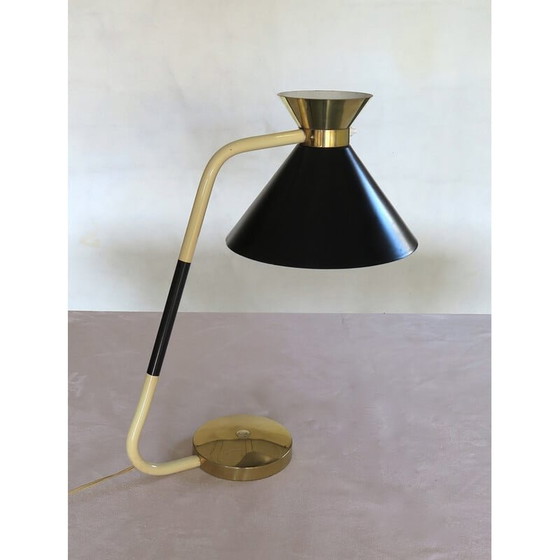 Image 1 of Lampe de bureau vintage en acier laqué et laiton, 1950
