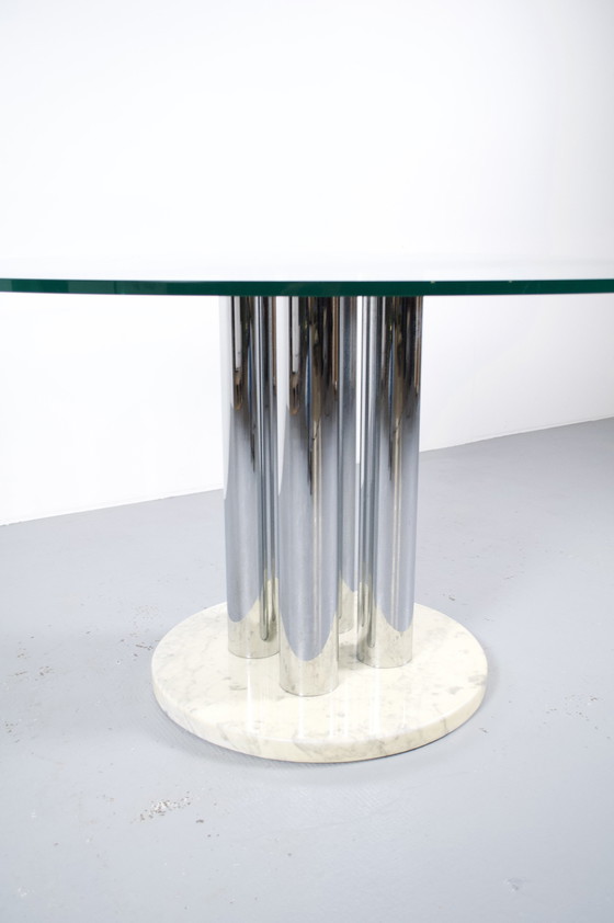 Image 1 of Table de salle à manger italienne en marbre, acier chromé et verre 70's