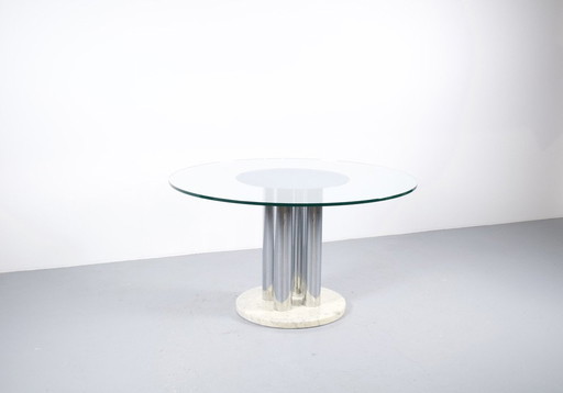 Table de salle à manger italienne en marbre, acier chromé et verre 70's