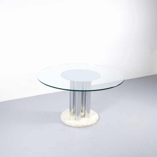 Table de salle à manger italienne en marbre, acier chromé et verre 70's